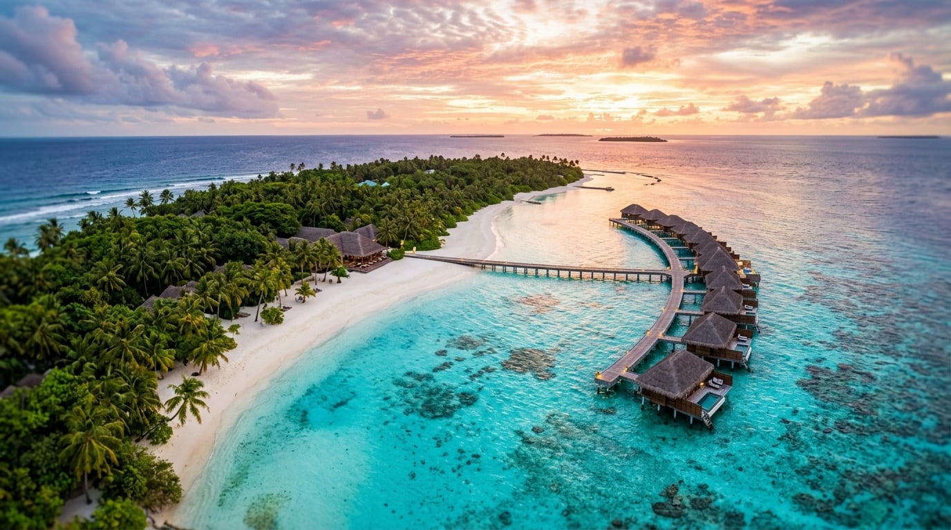 Tropisches Paradies mit türkisem Wasser und Overwater-Bungalows bei Sonnenuntergang